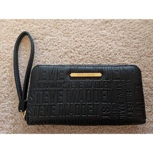 Steve Madden Black Embossed Logo Zip Around Continental Wallet Wristlet Clutch